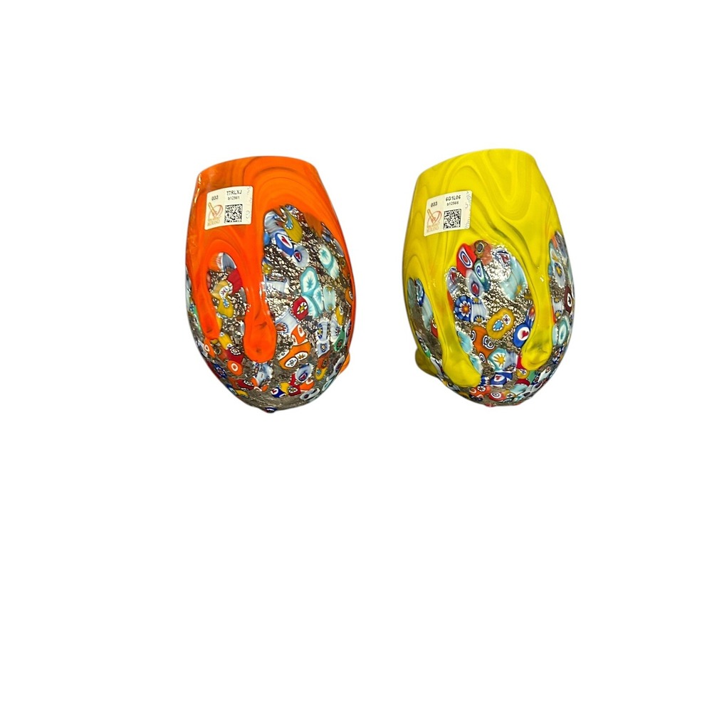 Murano Tumbler glasses with murrina‎ decorations Lot Of 2 Yellow Orange Marked